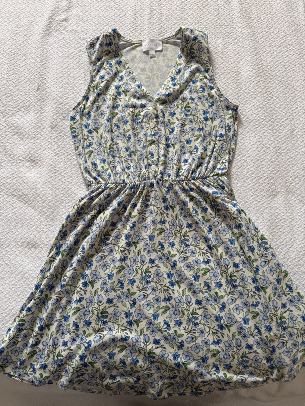 French Grey Blue & Green Floral Sleeveless Dress
